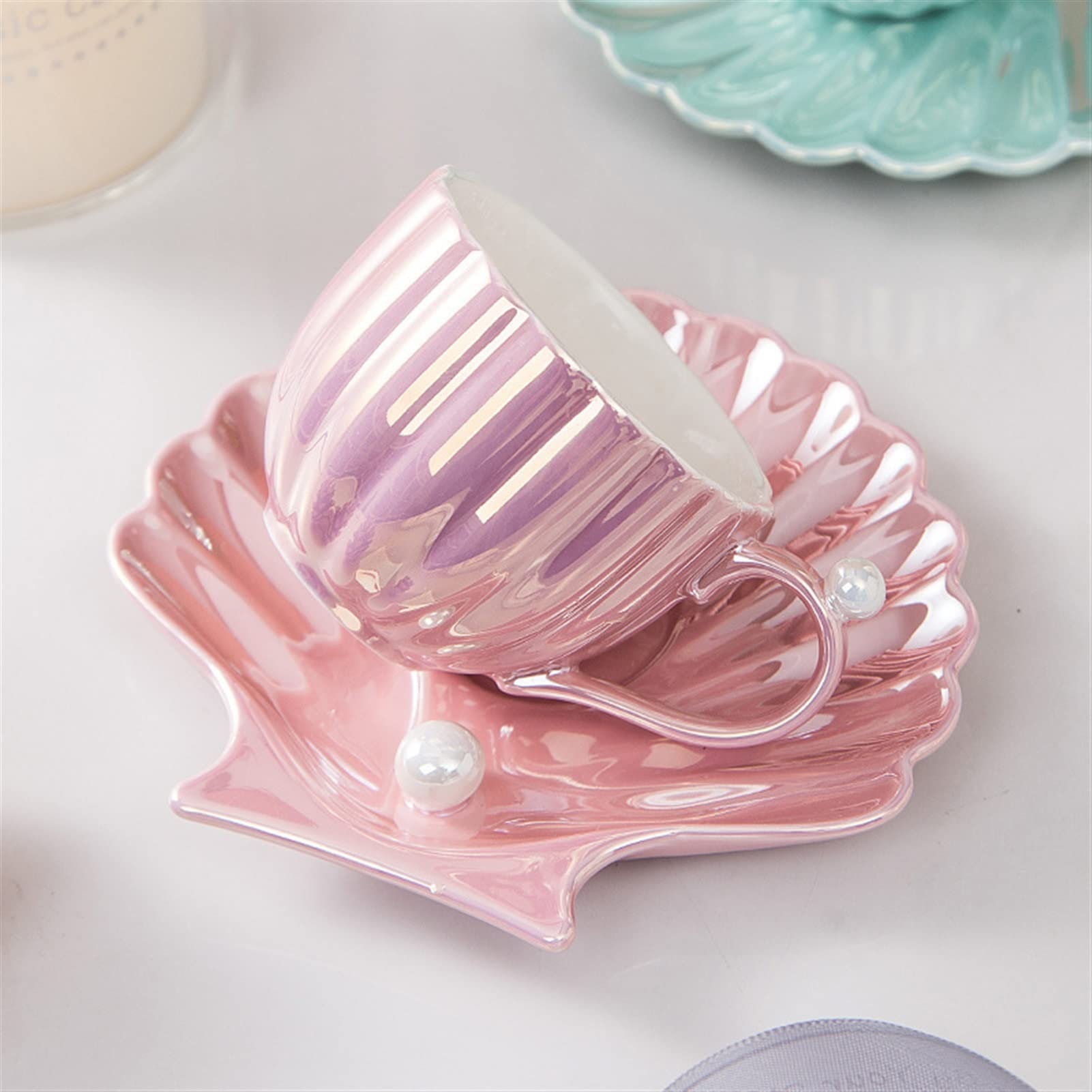 Teetassen Nordic Pearl Weiß Rosa Grüne Meer Shell Cups und Saucer Keramik Kaffee oder Teeschale Set Beste Geschenkideen Küche Home Büro Dekor Becher (Color : Pearl Pink)