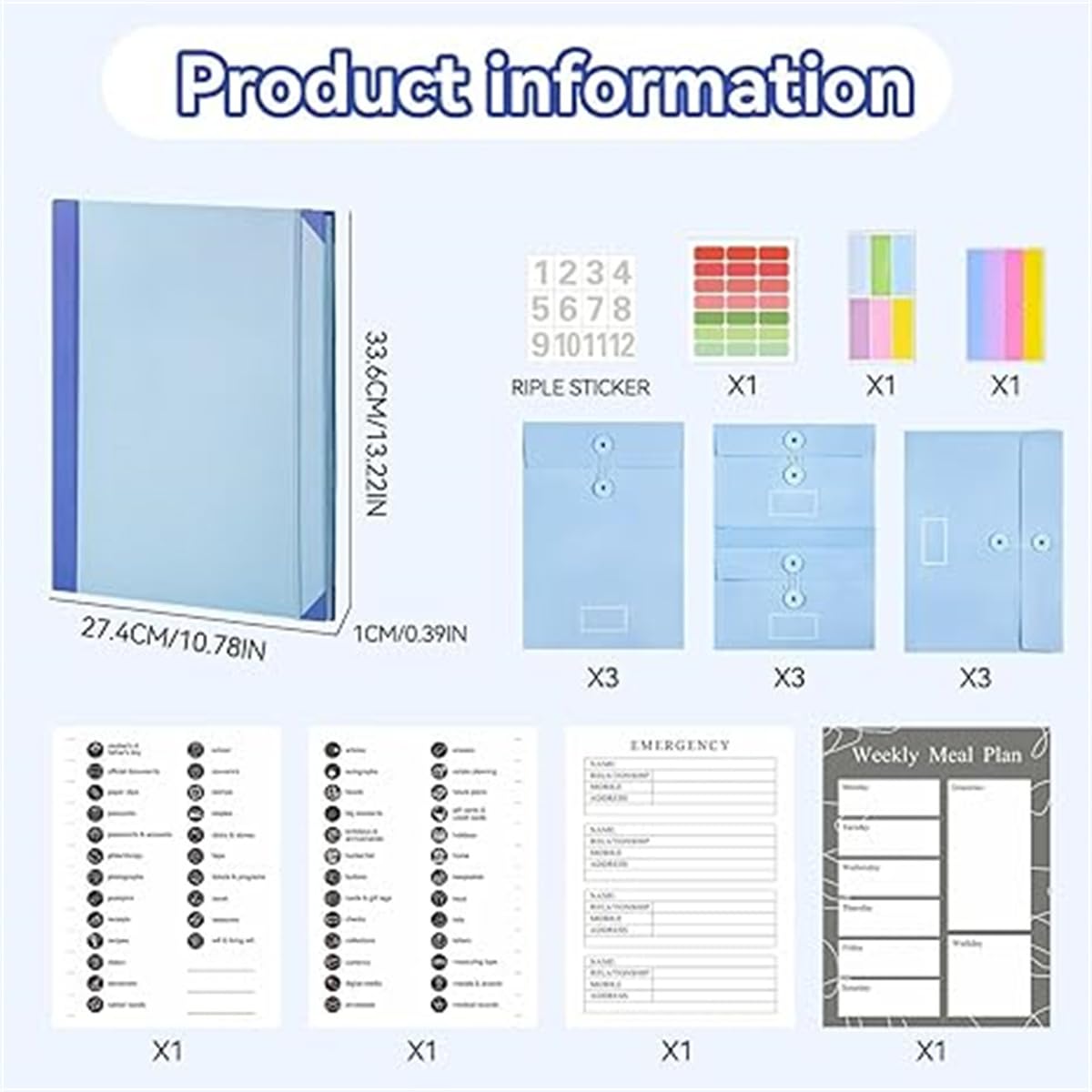 Organiseur de documents en accordéon – Dossier extensible en manille avec étiquettes et fermeture élastique, idéal pour passeports, certificats de naissance et documents importants (kaki + bleu + rose