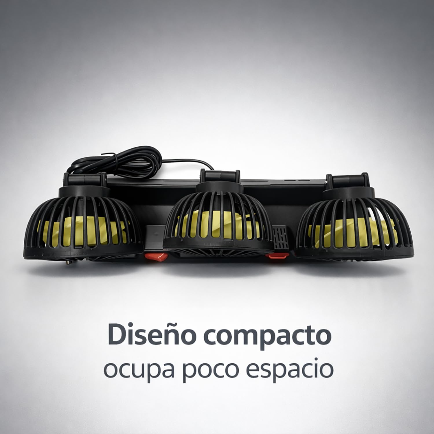 TIENDA EURASIA – Ventilador de Coche 12V Triple Cabezal con Rotación 360° | 2 Velocidades | Conexión a Toma 12V (Encendedor) | Cable 1,4 m | Negro | 32x11x16 cm