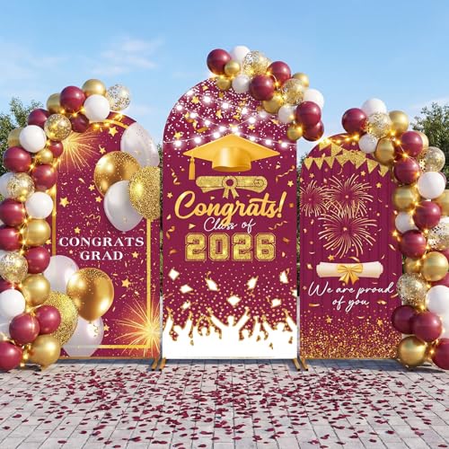 WovWeave Graduation Arch Backdrop Stand Cover Set of 3-4ft 5ft 6ft Grad Arch Cover Photo Booth Backdrop Decorations for Graduation Party Decor Supplies(Maroon Gold,Congrats) by WovWeave - Used condition - US$16.86
