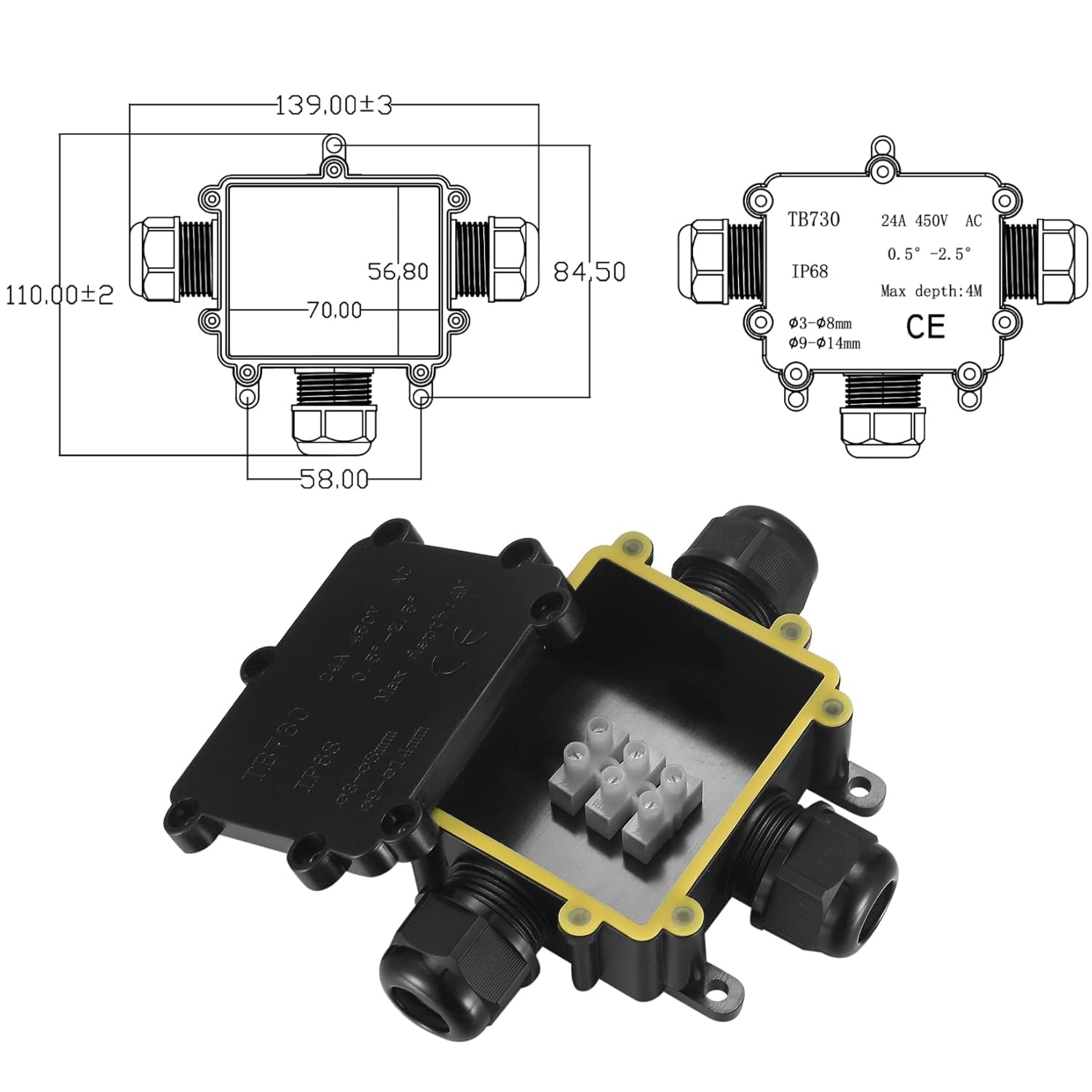 2pcs IP68 waterproof junction box, 3 way outdoor electrical connector, outer sleeve protection box - Image 3