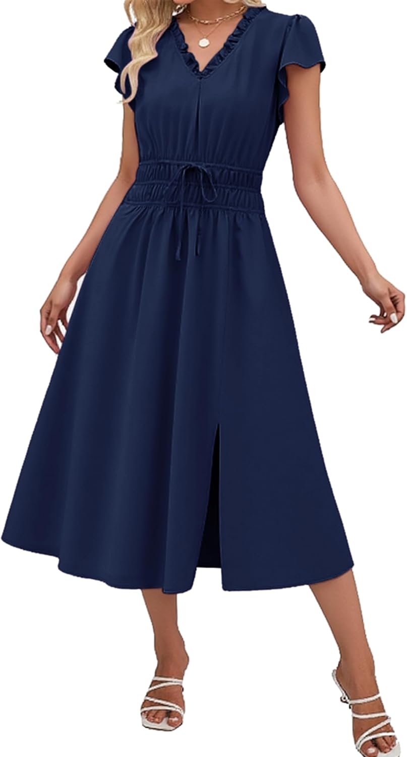 Angashion Womens Summer Midi Dresses Casual V Neck Cap Sleeve Empire Waist Elegant 2026 Flowy Solid Long Dress with Pockets