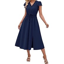 Angashion Womens Summer Midi Dresses Casual V Neck Cap Sleeve Empire Waist Elegant 2026 Flowy Solid Long Dress with Pockets
