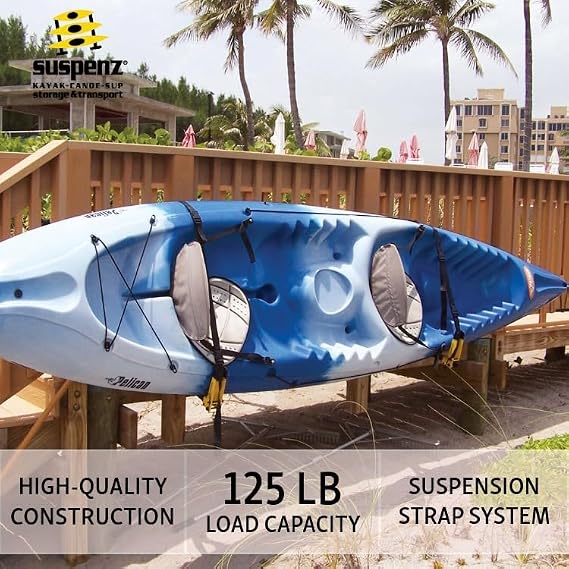 Suspenz Deluxe Kayak Canoe SUP Storage Rack, Adjustable Wall Hangers/Hooks, Indoor & Outdoor Use, Safety Straps, Stores Boats Up to 125 lbs (11-0111)