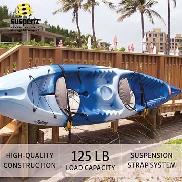 Suspenz Deluxe Kayak Canoe SUP Storage Rack, Adjustable Wall Hangers/Hooks, Indoor & Outdoor Use, Safety Straps, Stores Boats Up to 125 lbs (11-0111)