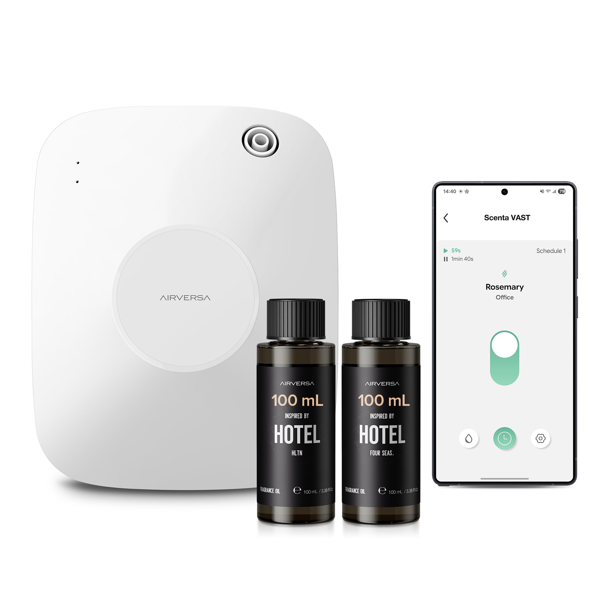 Airversa Smart Waterless Diffuser (400 ml Kapazität) Hotel Scent Starter Kit mit 200 ml Duftöl, bis zu 185 m², App-Steuerung, Duftluftmaschine mit 12 V 1 A Netzadapter, ANA-Kit Weiß