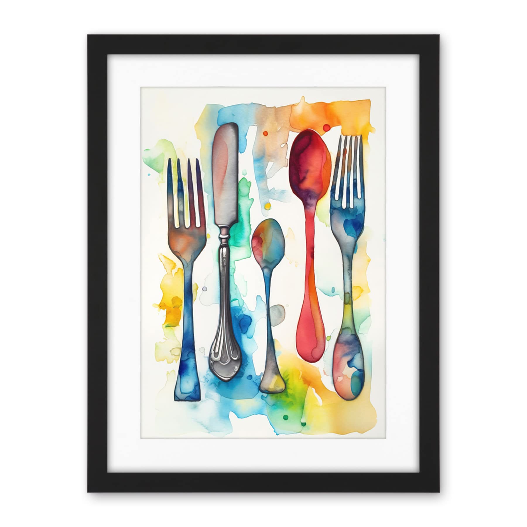 Artery8 Cutlery Forks Spoons And Knife Watercolour Painting Artwork Framed Wall Art Print 18X24 Inch