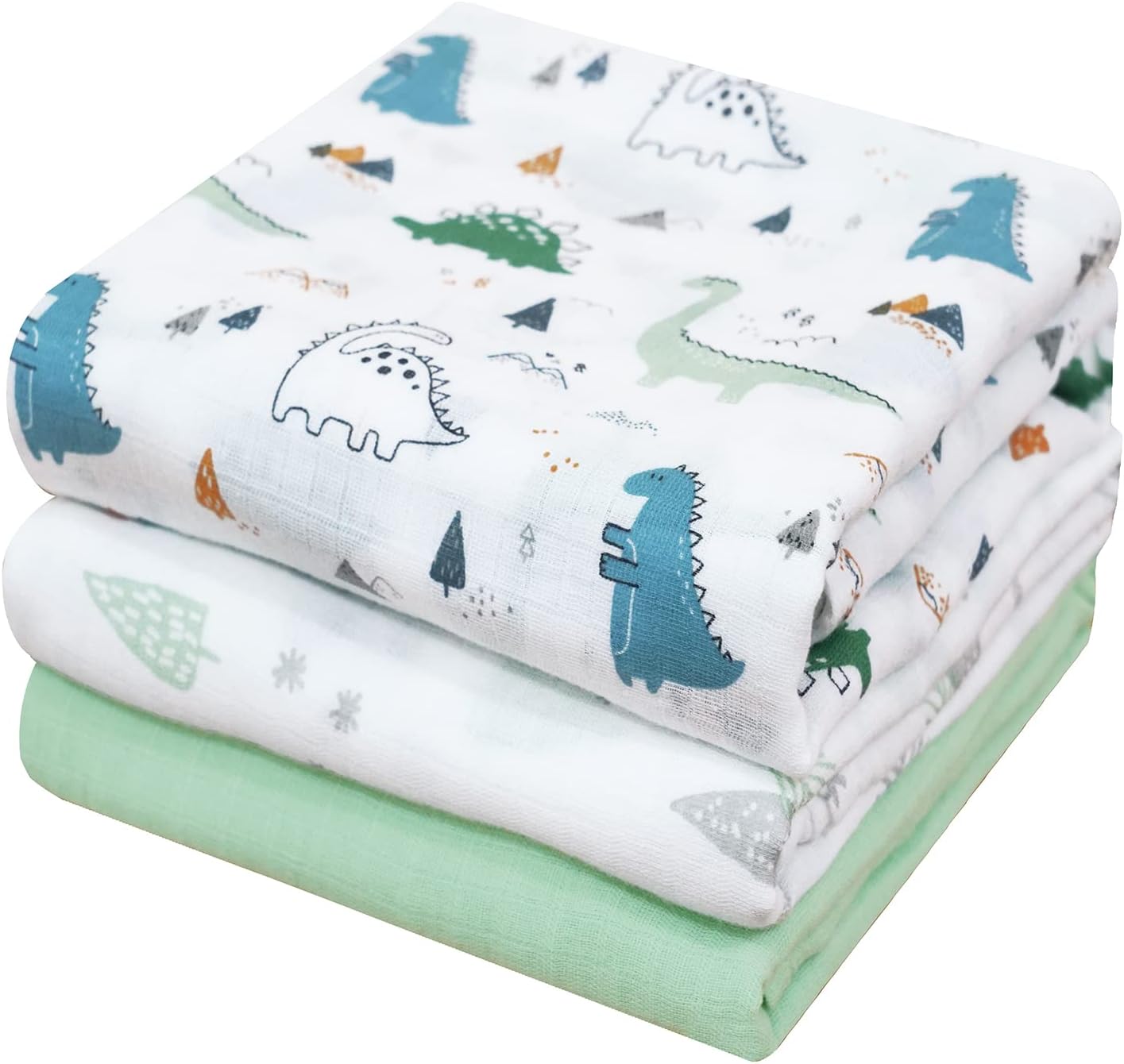 PHF 100% Cotton Baby Muslin Swaddle Blankets, 3 Pack Super Soft Breathable Comfy Baby Swaddle Wrap Set, Receiving Blanket for Infant Baby Boys Girls, Dinosaur/Woodland/Green
