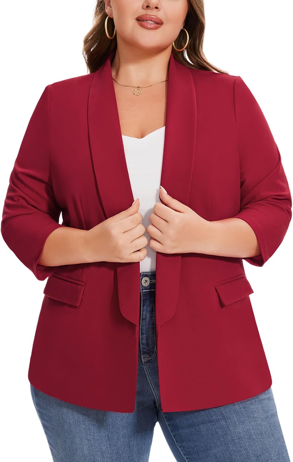Blazers for Women Business Casual Open Front 3/4 Sleeve Shawl Lapel Plus Size Blazer Work Professional Office Outfits with Pocket,2XL Red - Image 2