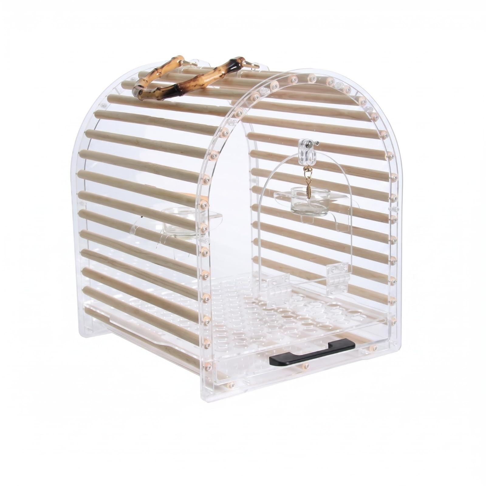 Jaula para Pájaros Portátil Jaula Transportín Aves Caja Acrílica Transparente con Asa de Bambú y Estructura Rígida con, Mediano, Cúpula