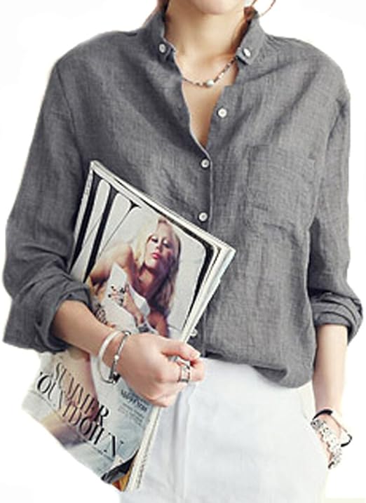 Amazon ワールドモードスタイル World Mode Style リネンシャツ レディース ブラウス 麻 カジュアル 大人 長袖 トップス シャツ ゆったり 無地 ファッション Fx L グレー シャツ ブラウス 通販