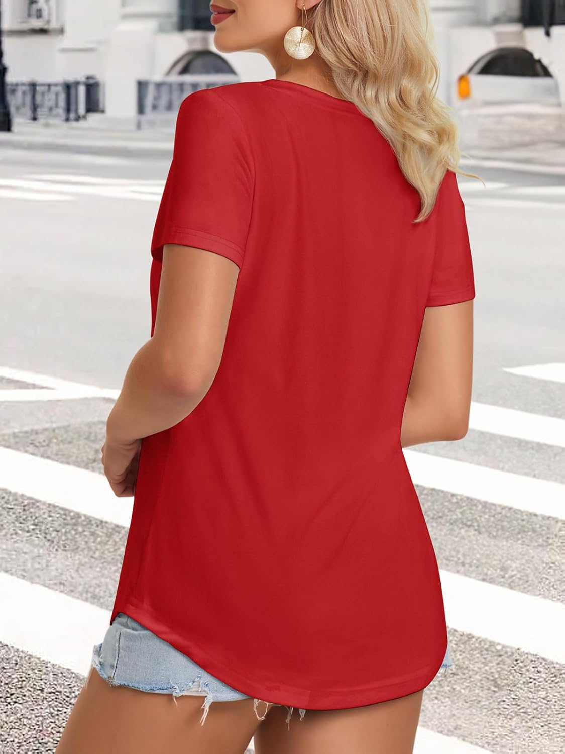 ATHMILE Womens V Neck Short Sleeve Summer T Shirts Curved Hem Plain Top Beach - Image 2