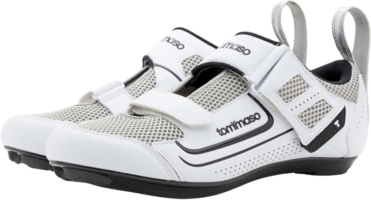 Tommaso Zapatillas Ciclismo Veloce II - Viaja con Estilo - Zapatillas Peloton Triatlón Bicicleta de Carretera Ciclismo Indoor Hombre Mujer Compatible con Tacos Look Delta SPD SPD-SL Blanco Negro