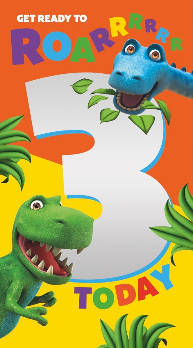 DINOSAUR ROAR BIRTHDAY CARD AGE 3, DINOSAUR ROAR 3RD BIRTHDAY CARD