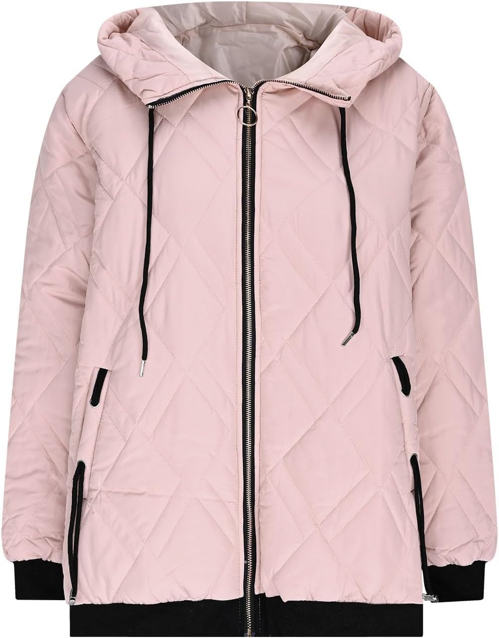 Women Warm Winter Down Puffer Jacket with Hood Quilted Lightweight Long Sleeve Full Zip Padded Cotton Coat with Pockets