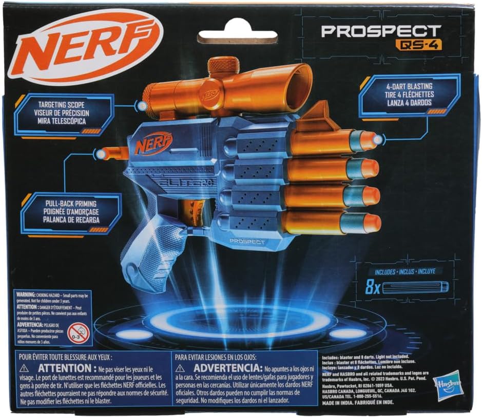 Nerf Elite 2.0 Prospect QS-4 Blaster, 8 Official Nerf Elite Darts, 4-Dart Blasting, Nonremovable Targeting Scope, Pull-Back Priming