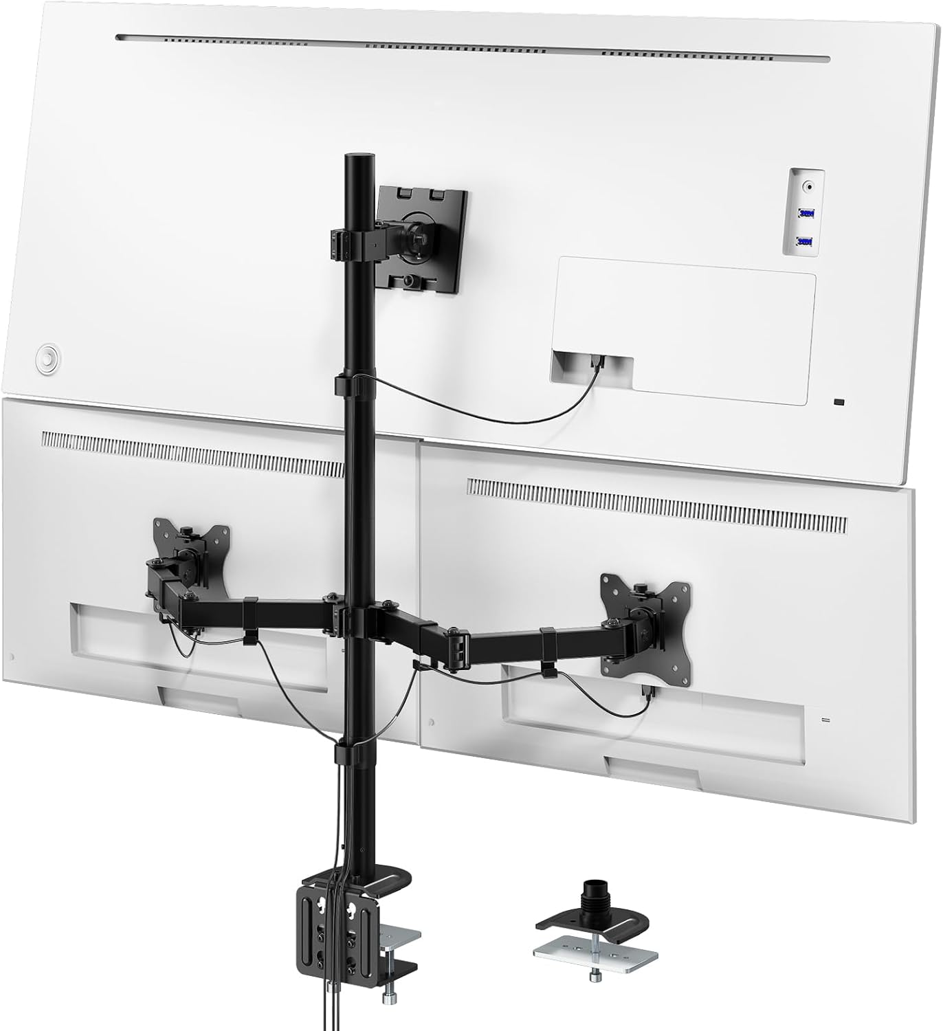 PUTORSEN Triple Monitor Mount for Up to 49" Ultrawide and 32" Monitors per Side Arm, Extra Tall 3 Monitor Desk Mount Holds up to 44 lbs, VESA 75/100 mm