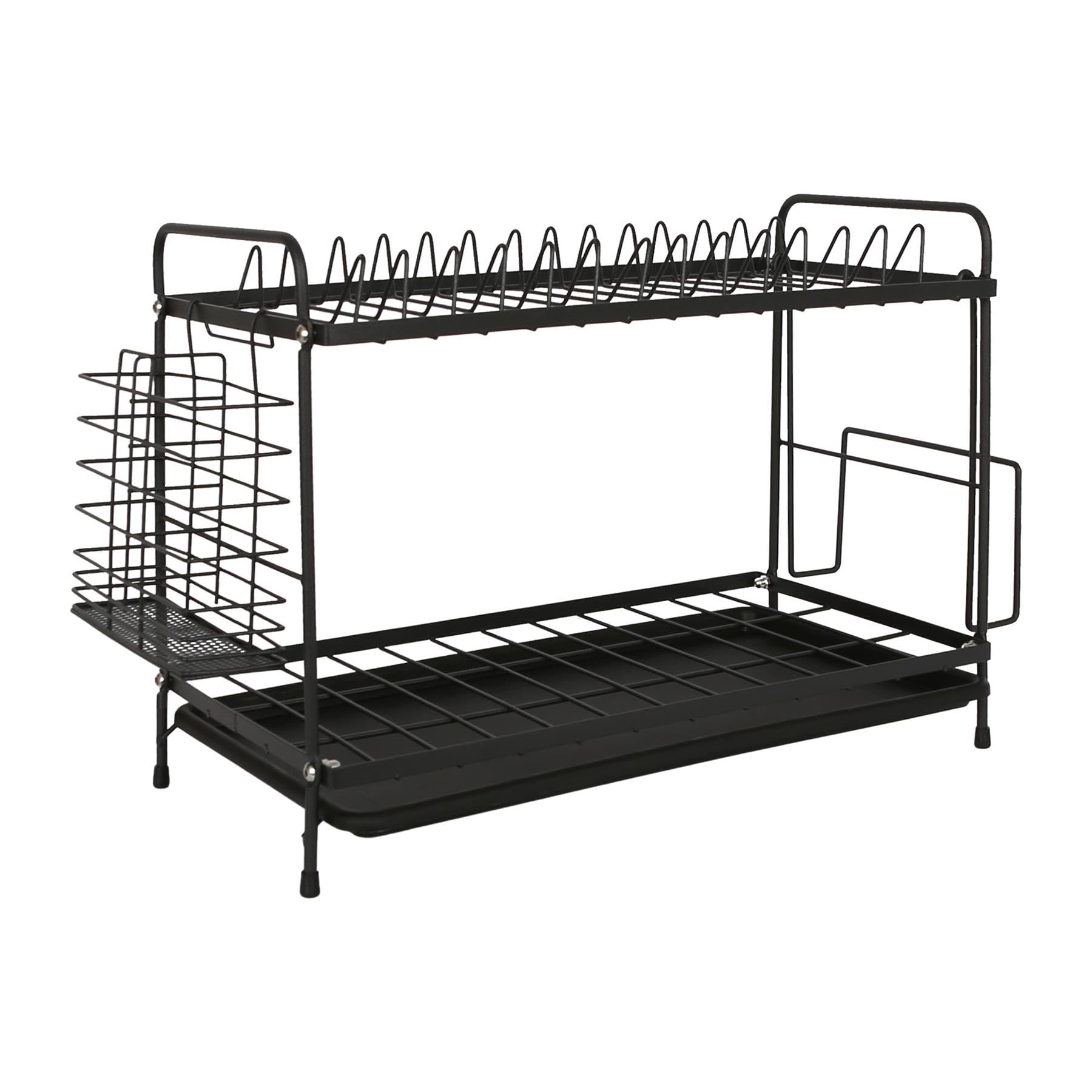 Harbour Housewares Black Metal 2-Tier Dish Drainer Rack With Drip Tray - 1X Kitchen Sink Drying Draining Washing Up Plate Dishes Storage Board With Cutlery Utensil Holder Size 2