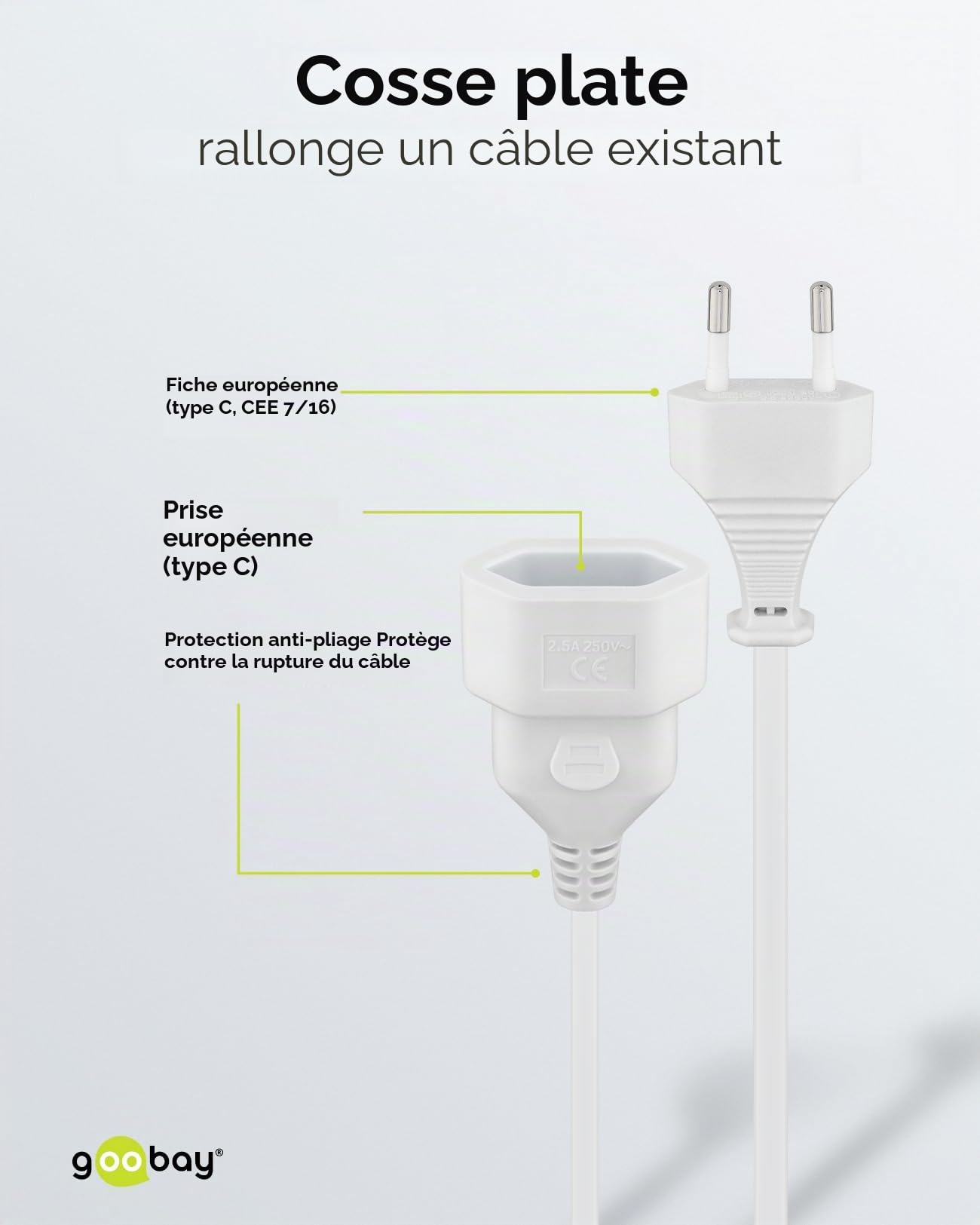 Goobay Câble d'alimentation Rallonge 2m 250V 0.75 mm² Blanc