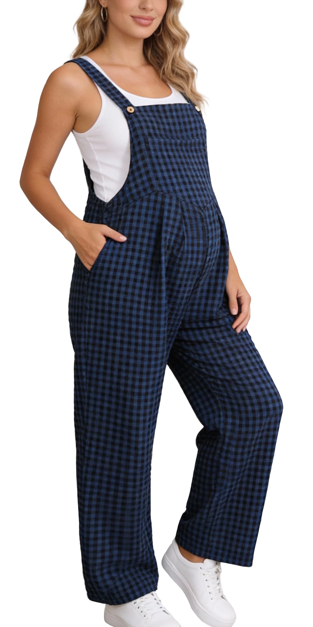 FEOYA Salopette premaman da donna plaid pagliaccetti bottone dritto gamba larga vestibilità tutina all'aperto casual senza maniche Halter tuta S-XXL