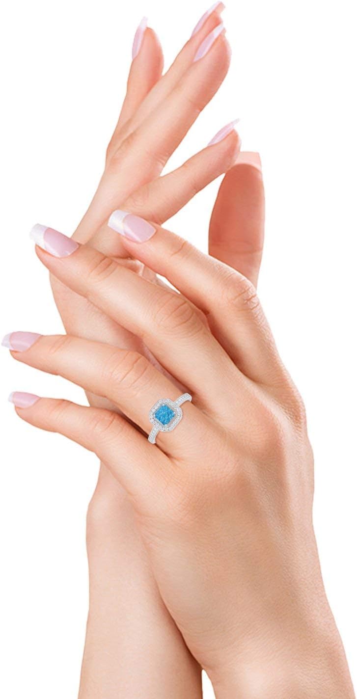 Blue Apple Co. Art Deco Ring Princess Cut Cubic Zirconia Halo Vintage Style Beaded Ring Statement Wedding Engagement Rings For Women 925 Sterling Silver Gift For Her