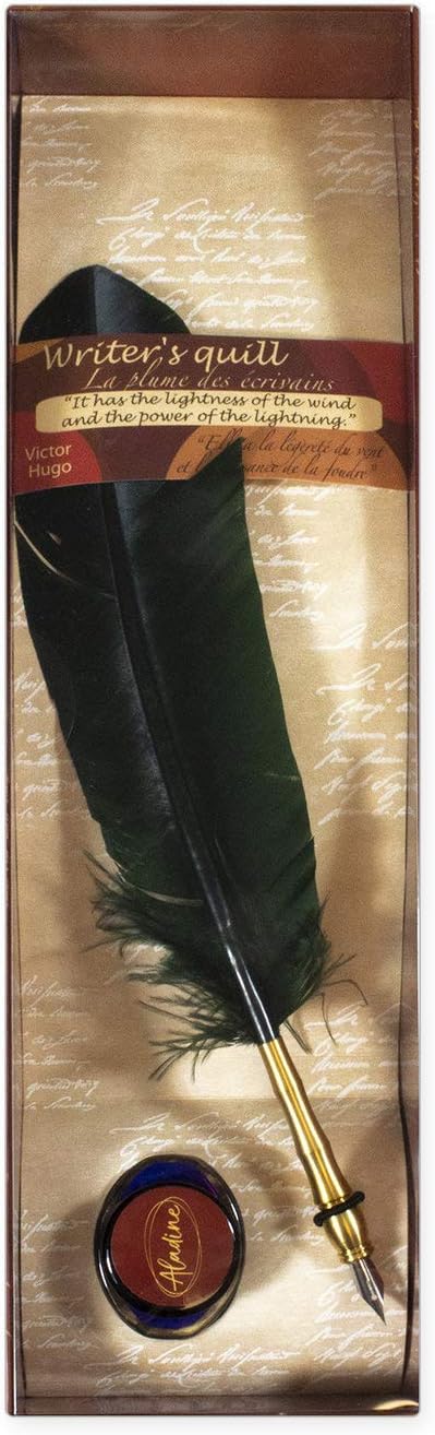 Aladine - Writer's Pen Set - Writing Set - Calligraphy Kit for Metal Pen Writing - Real Goose Feather - Ink Bottle Included - Red Color