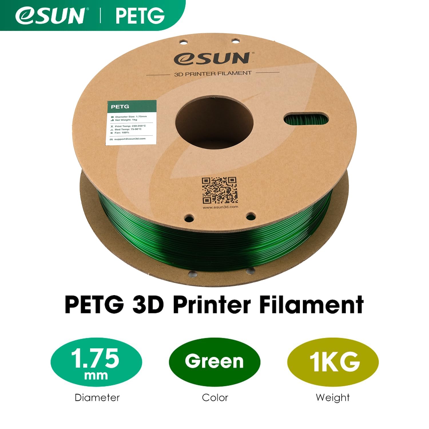 eSUN filament do drukarki 3D PETG, filament PETG 1,75 mm, dokładność wymiarów +/- 0,05 mm, 2,2 funta (1 kg), szpula, filament 3D do drukarek 3D
