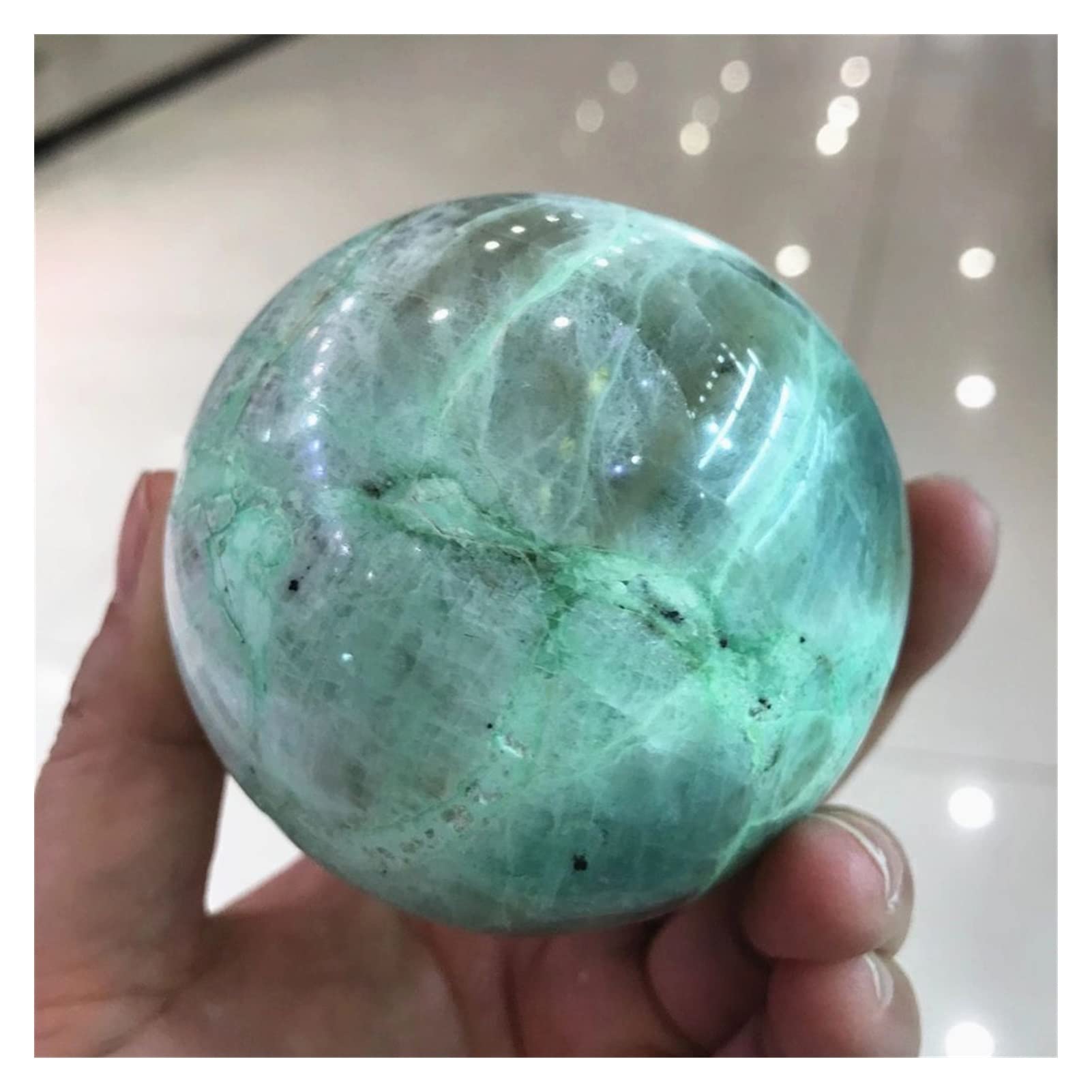 decoración de la habitación Pulido Bola de luz de luna verde Cristal natural Piedras decorativas Esfera Una perla luminosa legendaria Joyas preciosas preciosas Piedras de cuarzo ( Size : 7-8cm )