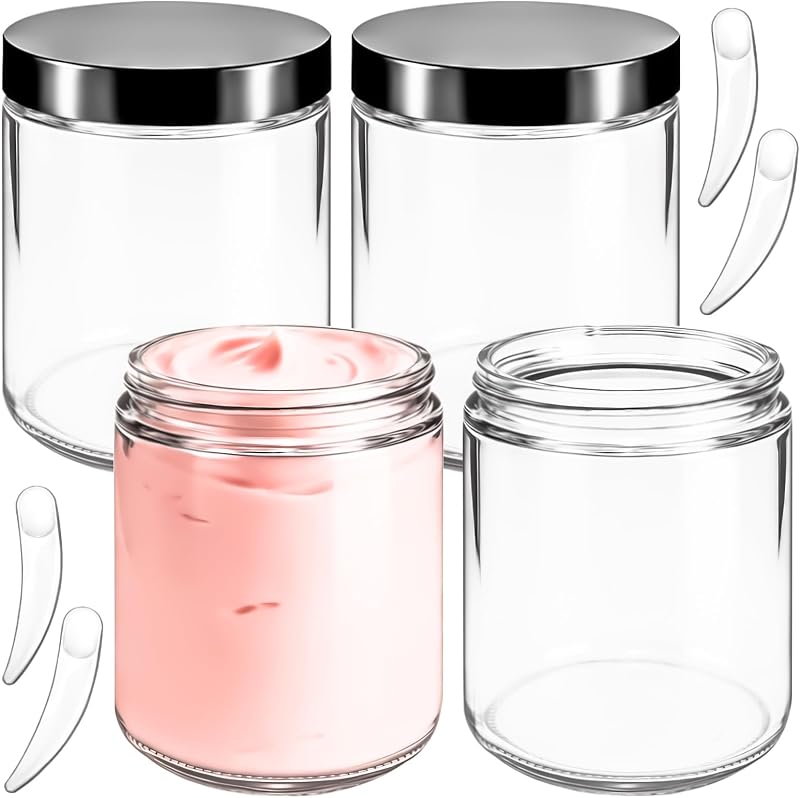 MotBach Conjunto com 4 frascos redondos de vidro com tampas pretas e espátulas, 240 mL