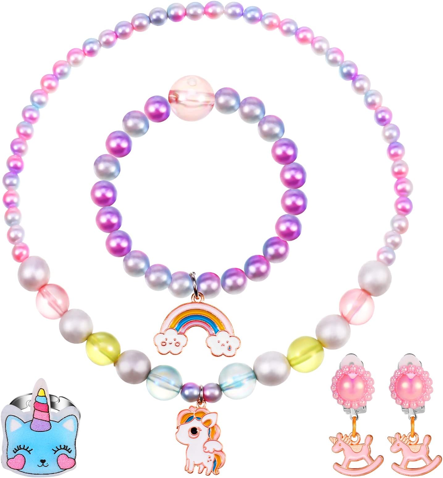 DacitieryDacitiery 5 PCS Unicorn Necklaces Girl Jewelry Set Kids Macaron Necklaces Colorful Necklace and Bracelet Set for Girls Unicorn Pearl Necklace Bracelet Clip Earrings Adjustable Ring for Party Supplies