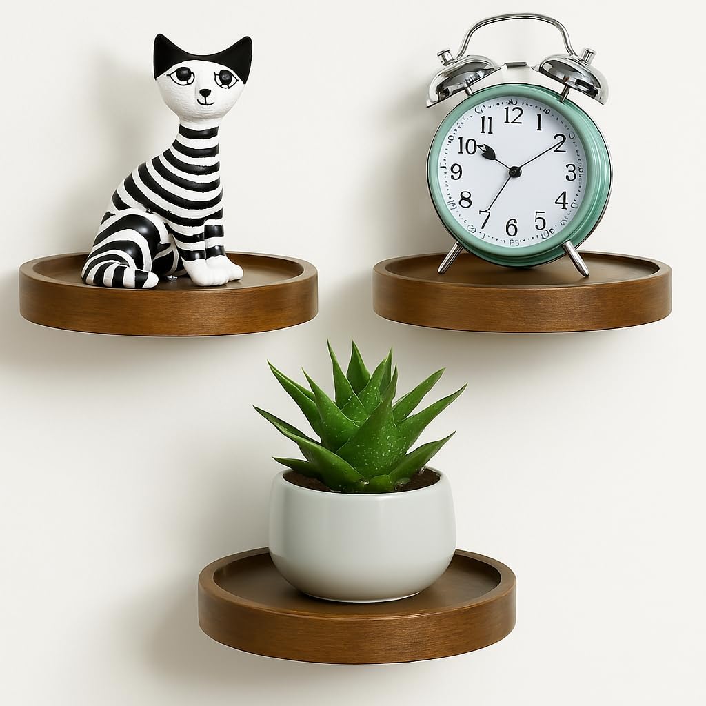 AceList 3-Pack Round Floating Shelves for Wall Decor, 6'' Diameter Acacia Wood Floating Shelf, Cup Plant Wall Shelves for Bedroom, Bedroom, Living Room, Bathroom, Kitchen, Western Decor