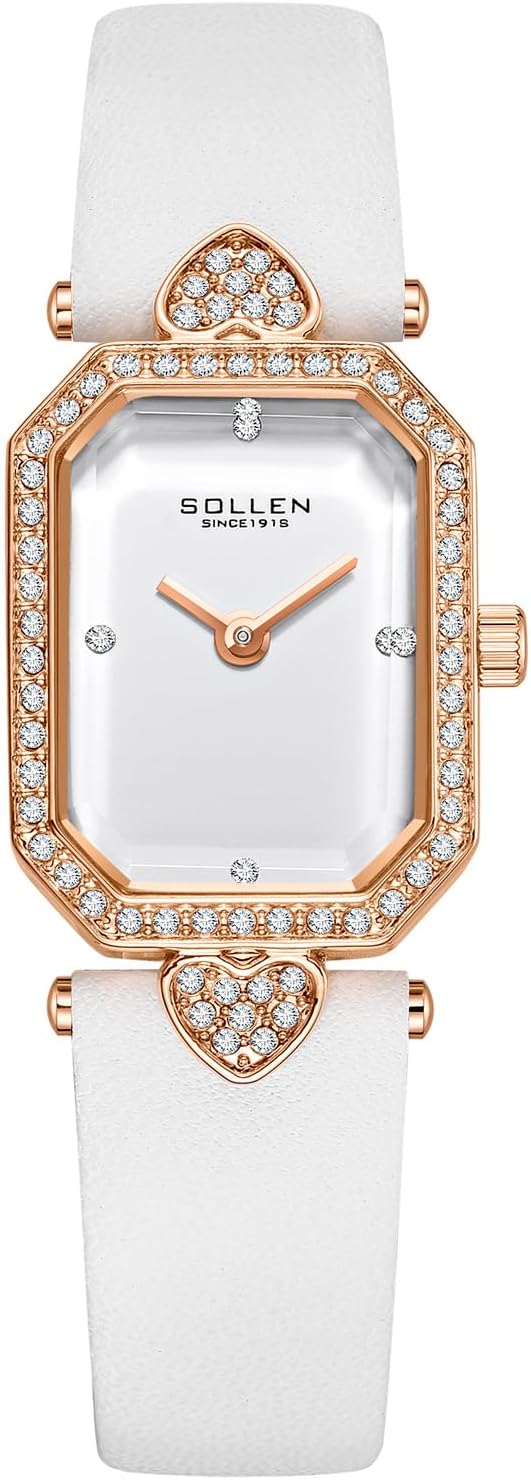 SOLLEN Watches for Women Dainty Ladies Watch Luxury Dress Watch with Zircon Bezel Japanese Quartz Women’s Wrist Watch White Leather Band Wristwatch