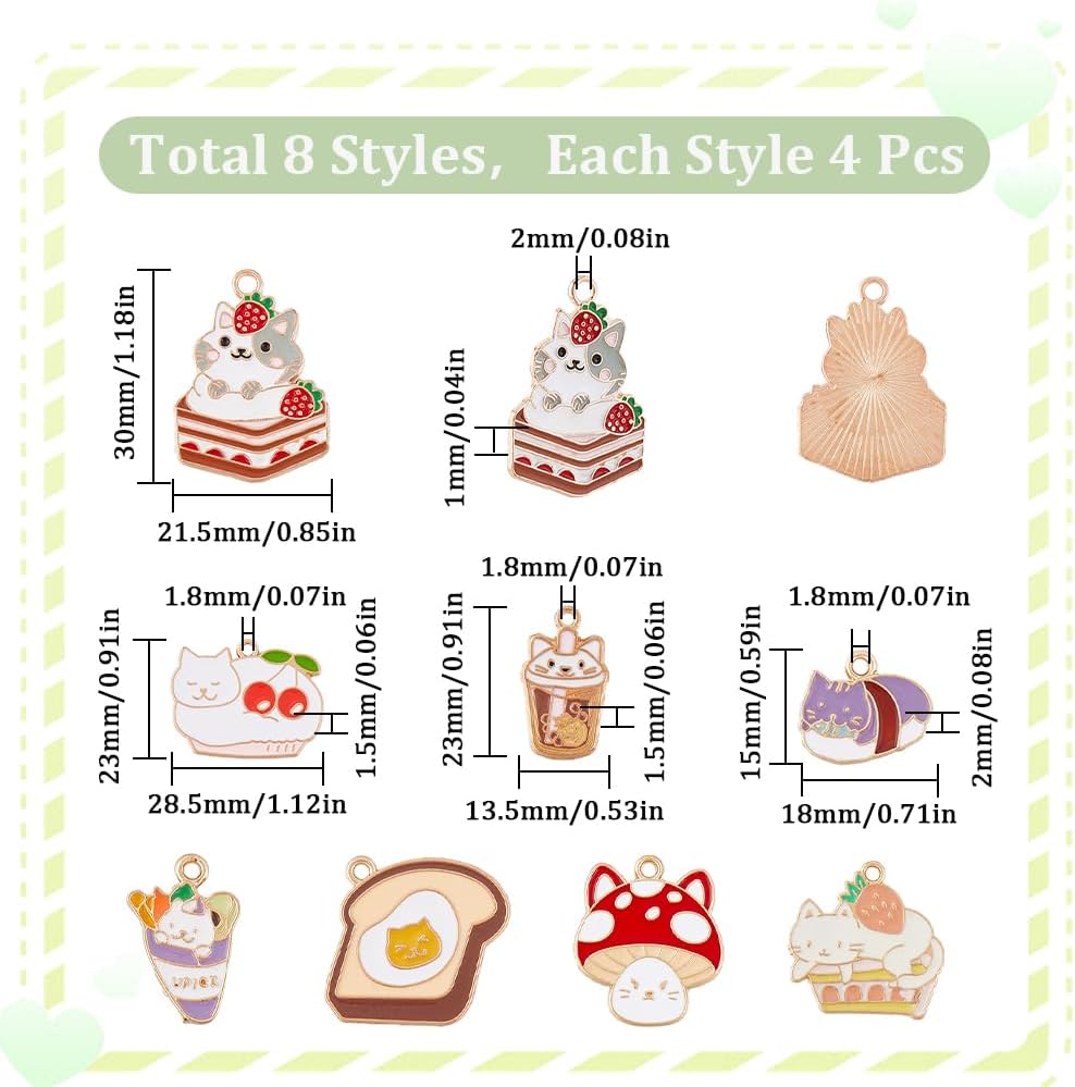 SUNNYCLUE 1 Box 32Pcs 8 Styles Enamel Cat Charm Bulk Food Charms Cute Kitty Strawberry Cake Bread Milk Tea Cup Small Animal Charm for Jewelry Making Supplies DIY Necklace Bracelet Earrings Keychains - Image 2