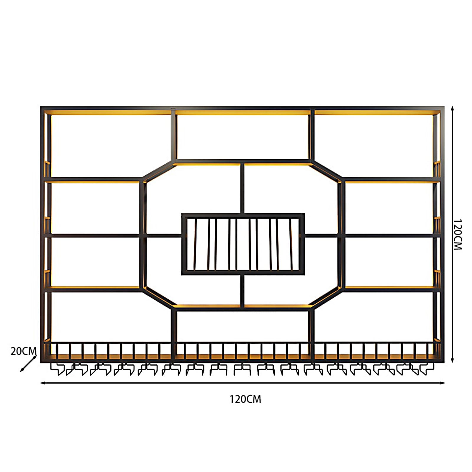 Botellero Vino Pared Botellero Moderno de Hierro Lacado a Alta Temperatura, Wall Mounted Wine Rack con Luces Led y Portavasos para Cocina, Comedor, Bar(120 * 20 * 125cm)