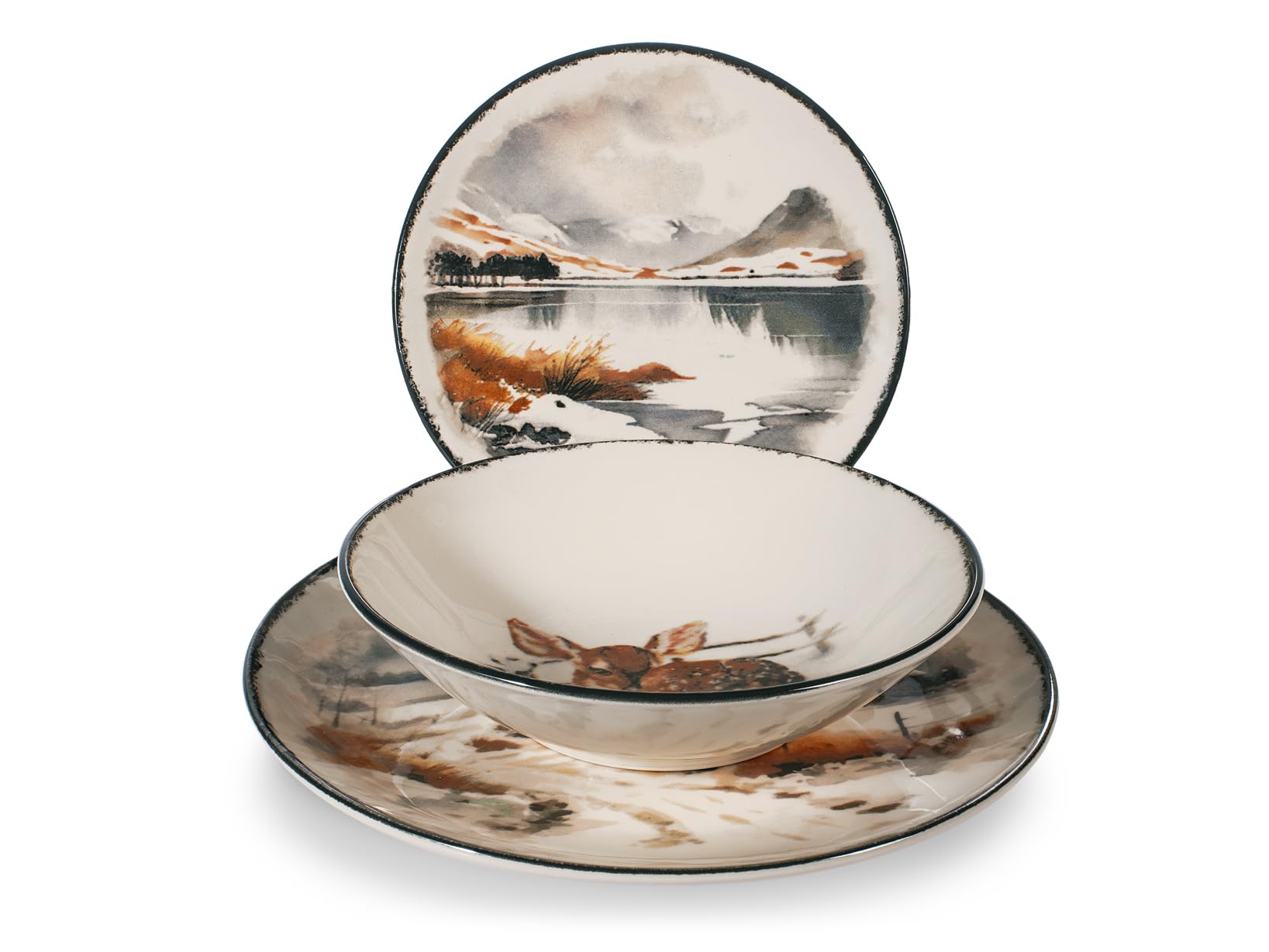 H&H, Set de table Silent Snow 12 pièces - Assiettes en Stoneware avec décoration bois d'hiver et fachette, parfait pour automne/hiver/Noël et maisons à la montagne
