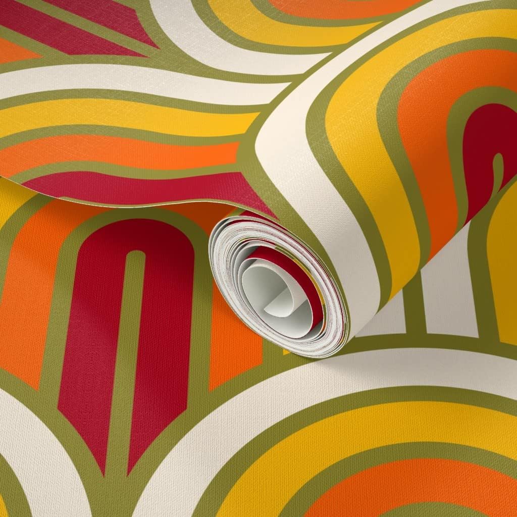 Peel & Stick Wallpaper 3ft x 2ft - Geometric Pattern Art Deco Sunset White Yellow Red Retro Orange Gold Custom Removable Wallpaper by Spoonflower