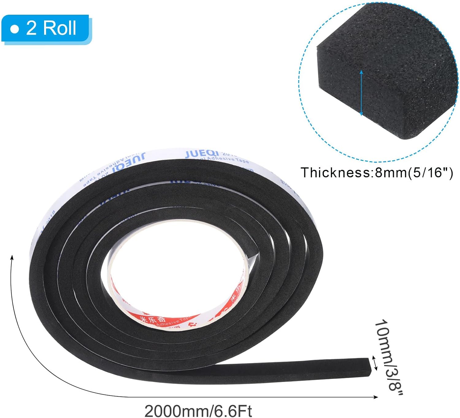 3/8" W x 5/16" T x 6.6Ft Insulation Foam Tape, 2 Rolls Self-Adhesive EVA Weather Stripping for Wrap Pipe Door Window Insulation Soundproof Anti Vibration Collision, Black