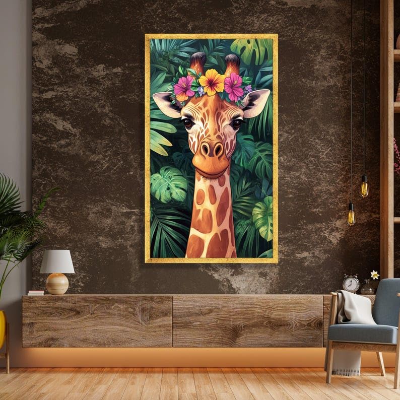 Tableau abstrait de girafe colorée jungle sans cadre 45x80cm