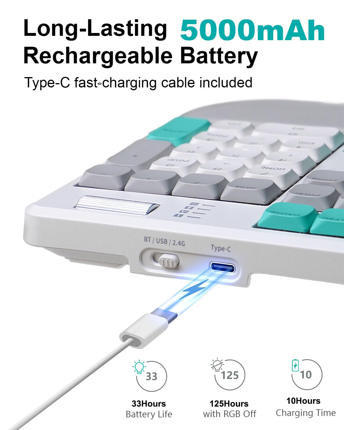 Teclado mecánico ergonómico dividido inalámbrico con retroiluminación RGB, reposamuñecas, recargable, intercambiable en caliente de 3 pines, perilla de control, 2.4 GHz/Bluetooth/USB-C con