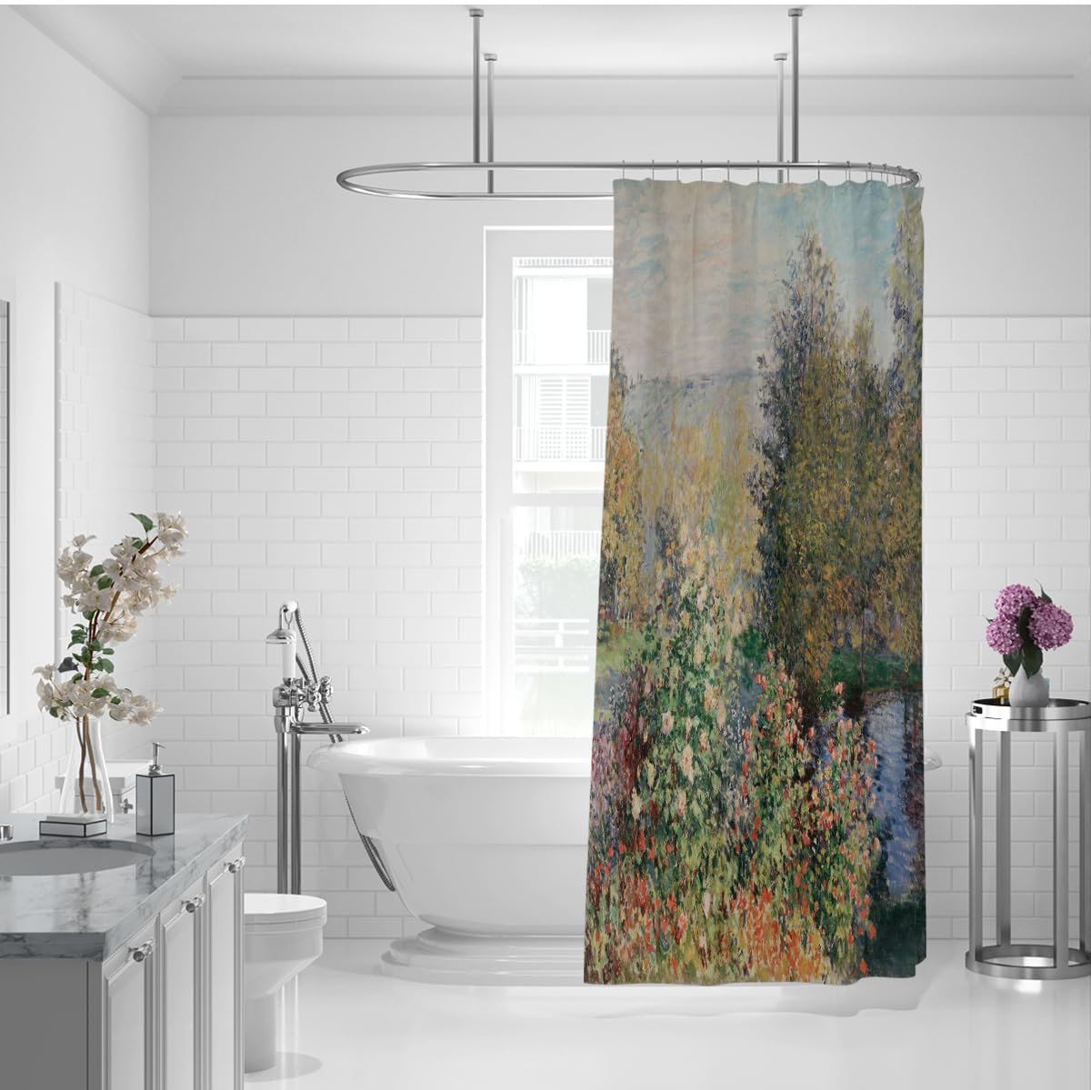 Zestaw zasłon prysznicowych impresjonistów natura jezioro kwiatowy rustykalny wystrój rustykalny wystrój wanny tkanina poliestrowa zmywalna szybkoschnąca 180 x 200 cm
