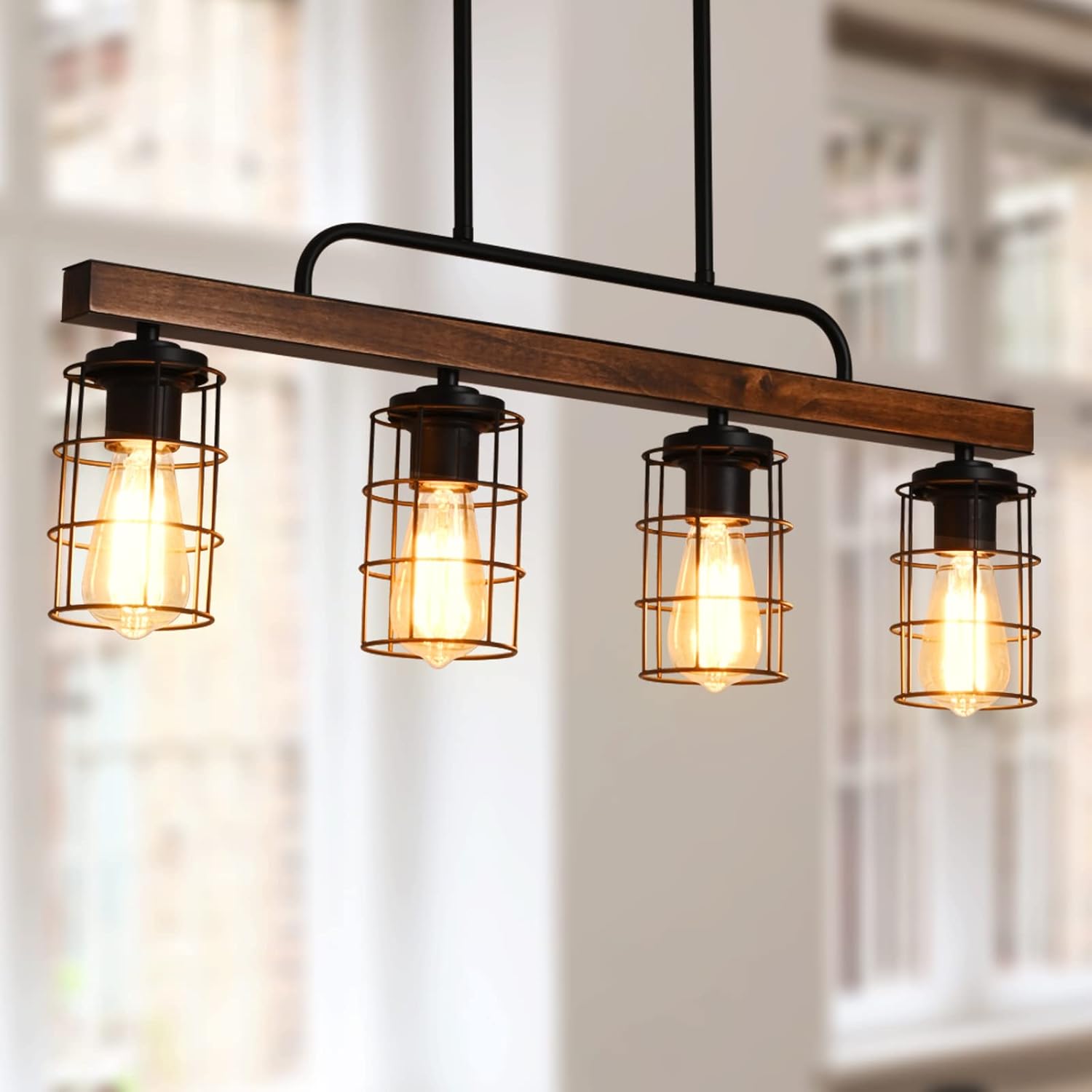 Kitchen Island Lighting,Farmhouse Dining Room Light Fixtures,Rustic Linear Pendant Lighting for Kitchen Island Dining Living Room,Black Metal & Wood