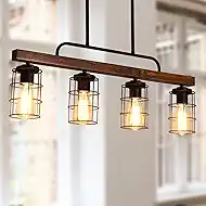 Kitchen Island Lighting,Farmhouse Dining Room Light Fixtures,Rustic Linear Pendant Lighting for Kitchen Island Dining Living Room,Black Metal & Wood