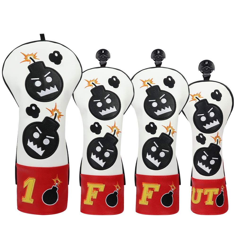 Craftsman Golf Driver Headcover Embroidery Bomb, PU Leather Golf Head Covers Driver Fairway Wood Hybrid Blade Putter Headcover