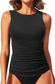 Daci Women's High Neck Tankini Top Tummy Control Modest Swim Top Push-Up Padding Bathing Suit Top No Bottom