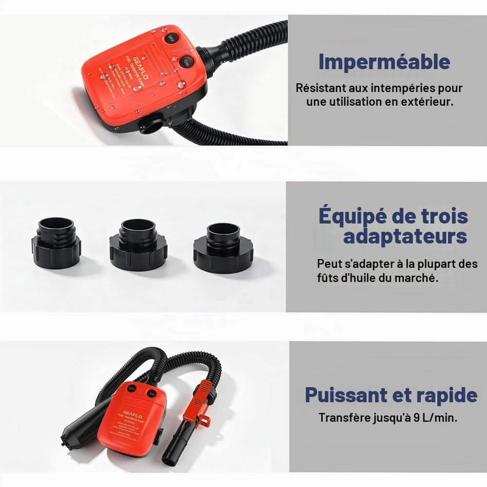 Pompe Carburant Électrique avec Stop Automatique, Pompe Essence Electrique, Pompe de Transfert de Carburant Auto Stop avec Adaptateur 3 Tailles und 1M Tuyau pour Huile Essence Diesel (9 LPM)
