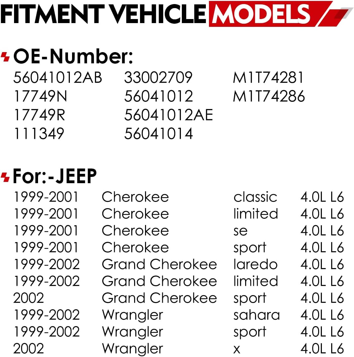 Starter Motor for:-Jeep Wrangler 4.0L 1999 2000 2002, Cherokee 1999 2000 2001 4.0L, Grand Cherokee 1999 2000 2001 2002 4.0L, 12V 1.6KW 10 Teeth Clockwise, Replace OE# 56041012AB 17749N