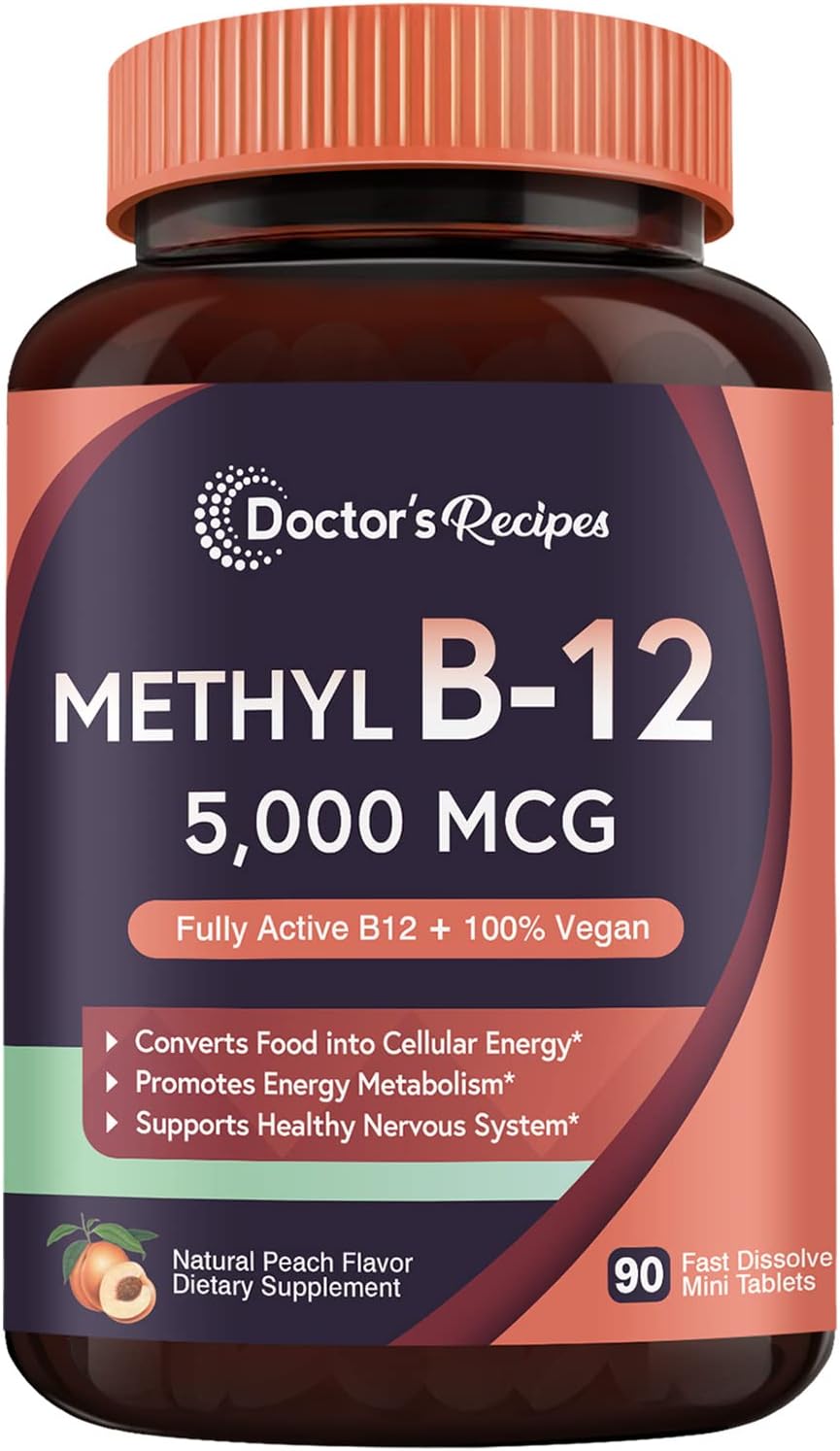 Doctor's Recipes Vitamin B12, Methylcobalamin 5000 mcg 90 Fast Dissolve Tablets, Natural Peach Flavor, Vegan Methyl, Energy Metabolism & Nervous System