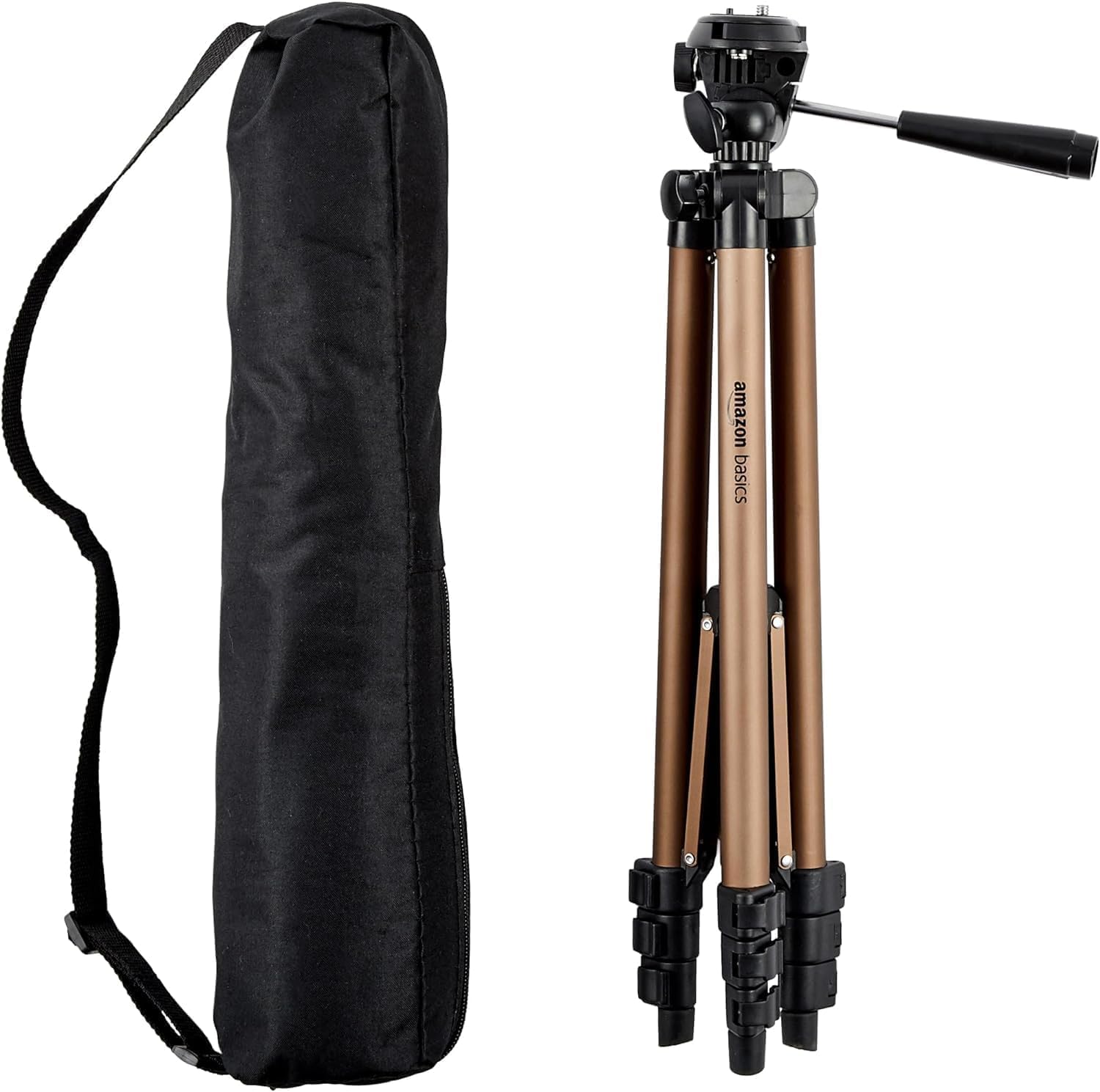 Amazon Basics 50" Lightweight Tripod for Camera and Phone with Travel Bag, Remote Control, Height Adjustable, 360-Degree Rotation, Aluminum, Silver