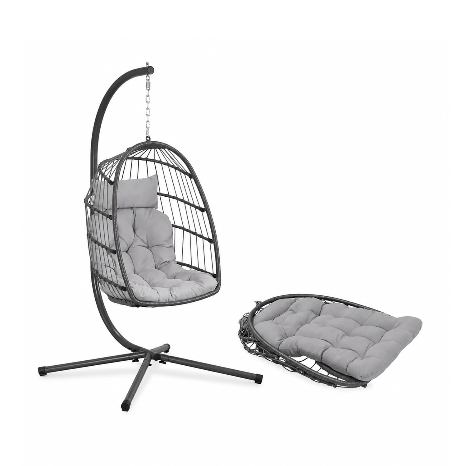 Poltrona Sospesa da Giardino e Interno Richiudibile – Altalena a Uovo con Cuscini Imbottiti – Struttura in Acciaio Zincato e Effetto Rattan – Portata 160 kg – Grigio – 100x95x192 cm