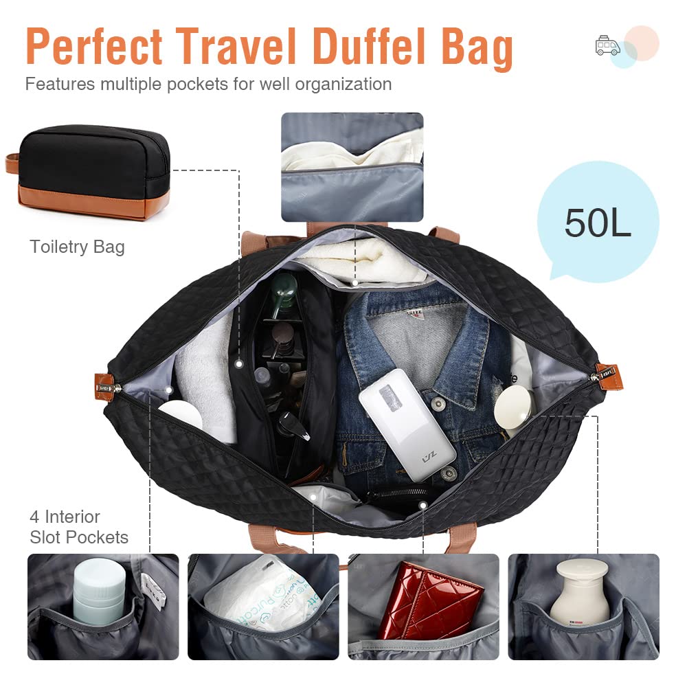 Lekesky Bolsa de viaje para mujer, bolsa de fin de semana con zapatos, bolsa de aseo, compartimento para zapatos, bolsa de fin de semana, bolsa de viaje, Acolchado negro, 50 L, Bolsa de viaje para